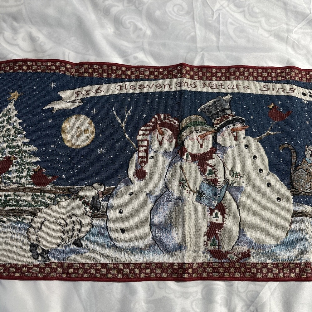 Tapestry 13" x 72" Snowman Cat Sheep Cardinal Tasseled Table Runner Made USA - Picture 5 of 9